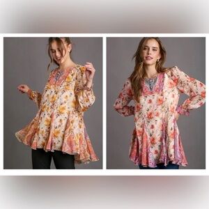Umgee new floral tunic flowy top medium orange